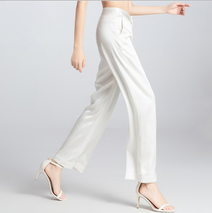 Pantalones holgados blancos cómodos de seda de morera con ajuste de pierna ancha para mujer al por mayor
