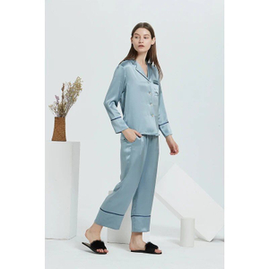 Pjs de seda azul de diseñador chino al por mayor con mangas largas para mujer